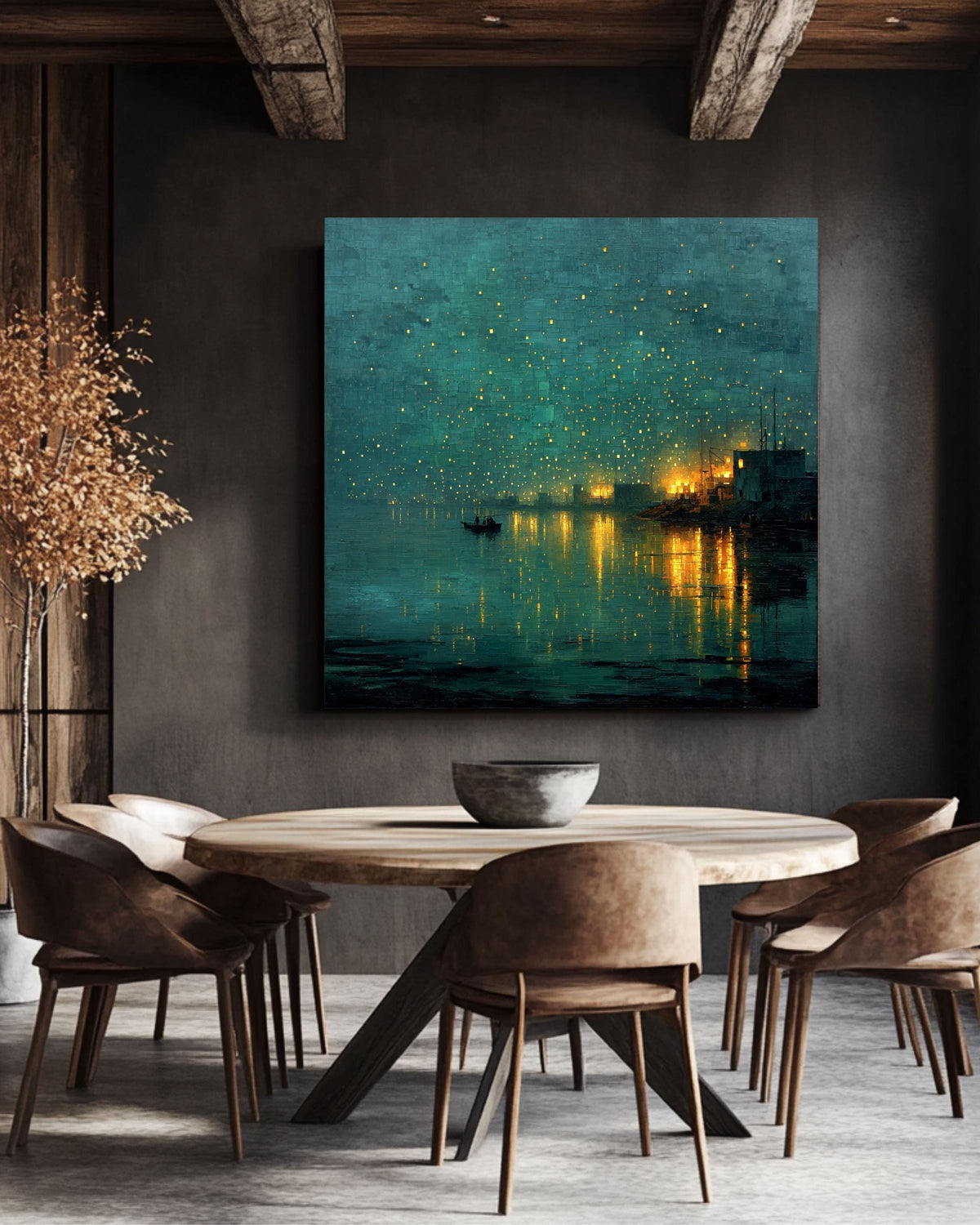 Abstract Night Waterscape Canvas, Dark Teal Green City Lights Painting, Moody Textured Harbor Art Print, Emerald Glow