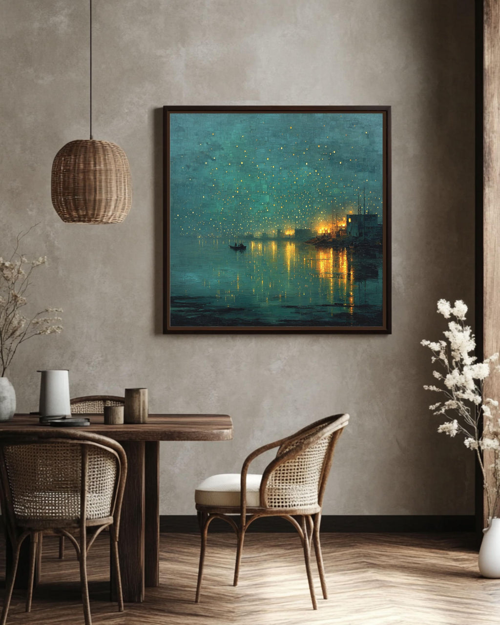 Abstract Night Waterscape Canvas, Dark Teal Green City Lights Painting, Moody Textured Harbor Art Print, Emerald Glow