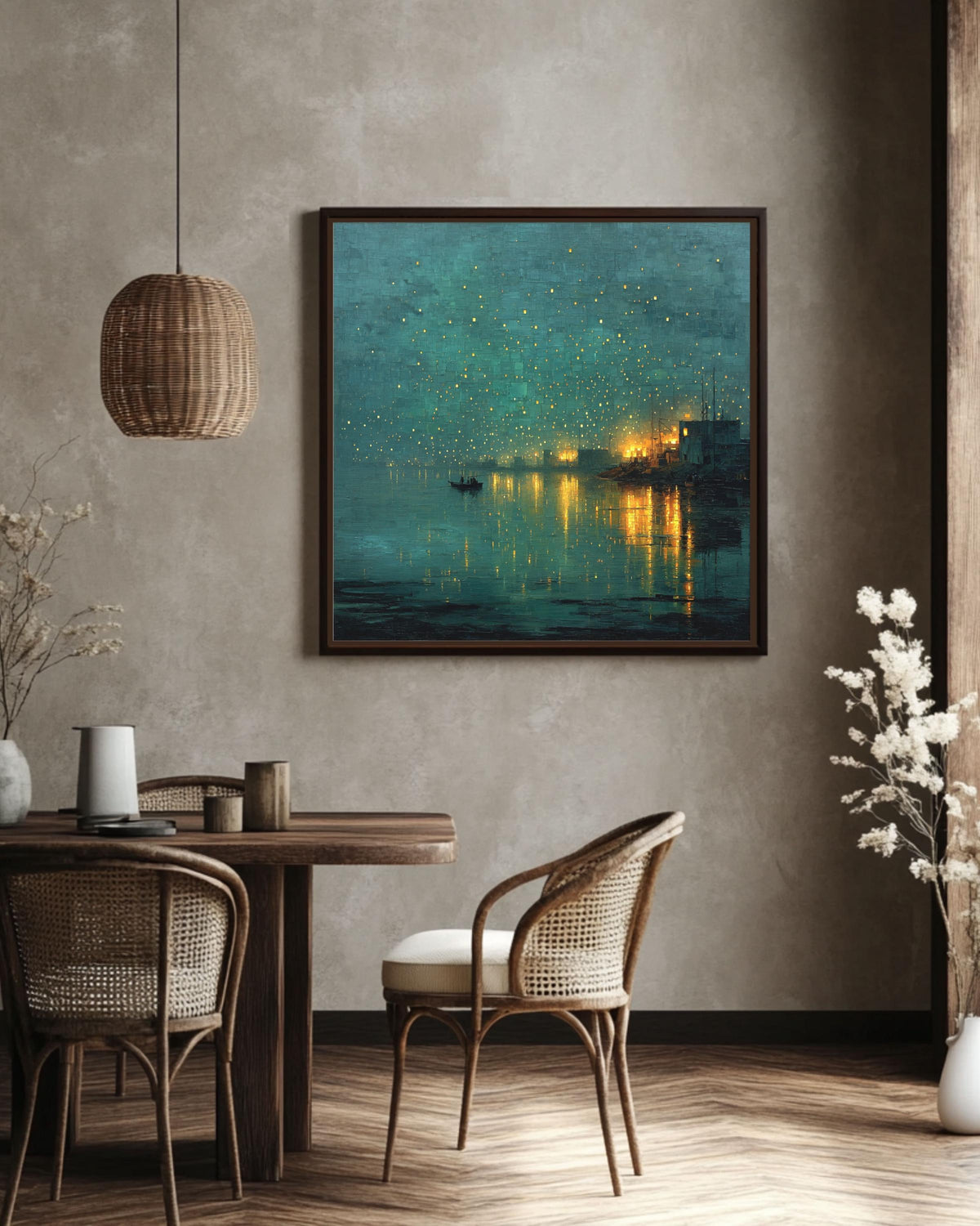 Abstract Night Waterscape Canvas, Dark Teal Green City Lights Painting, Moody Textured Harbor Art Print, Emerald Glow