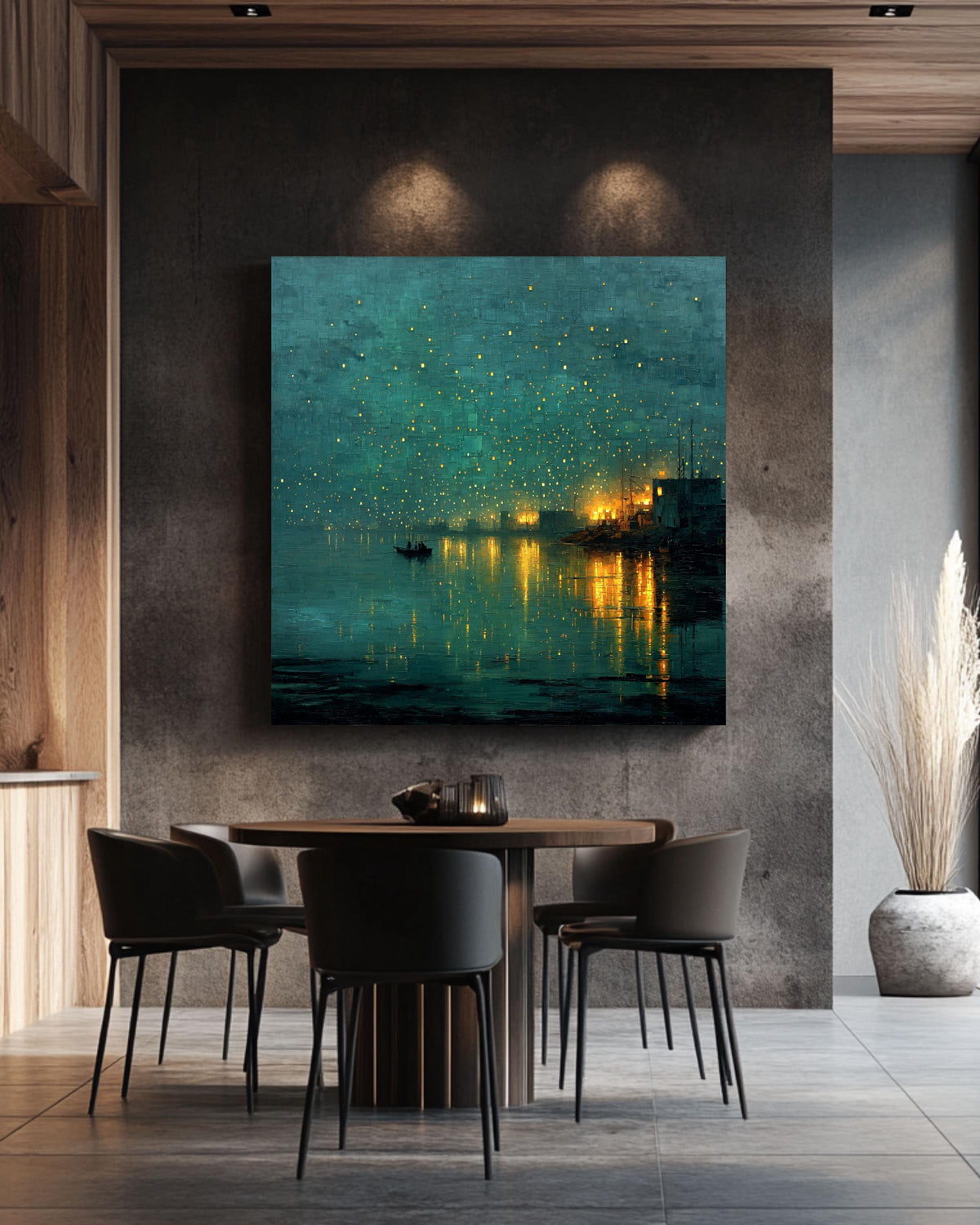 Abstract Night Waterscape Canvas, Dark Teal Green City Lights Painting, Moody Textured Harbor Art Print, Emerald Glow