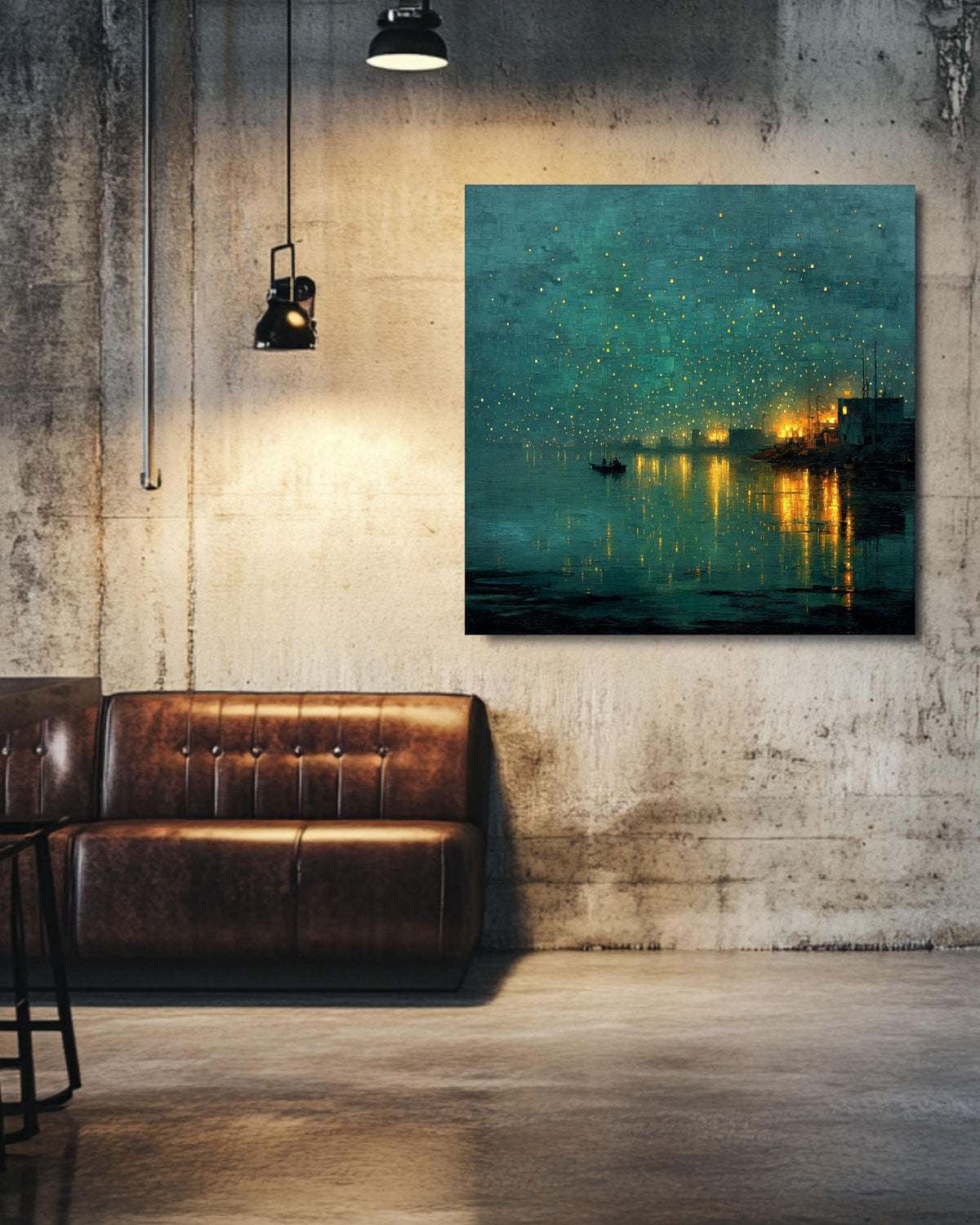 Abstract Night Waterscape Canvas, Dark Teal Green City Lights Painting, Moody Textured Harbor Art Print, Emerald Glow