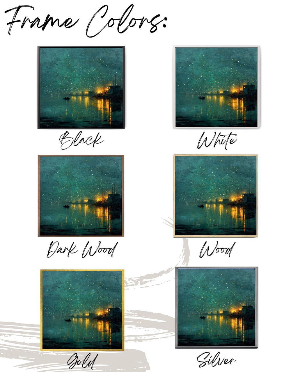 Abstract Night Waterscape Canvas, Dark Teal Green City Lights Painting, Moody Textured Harbor Art Print, Emerald Glow