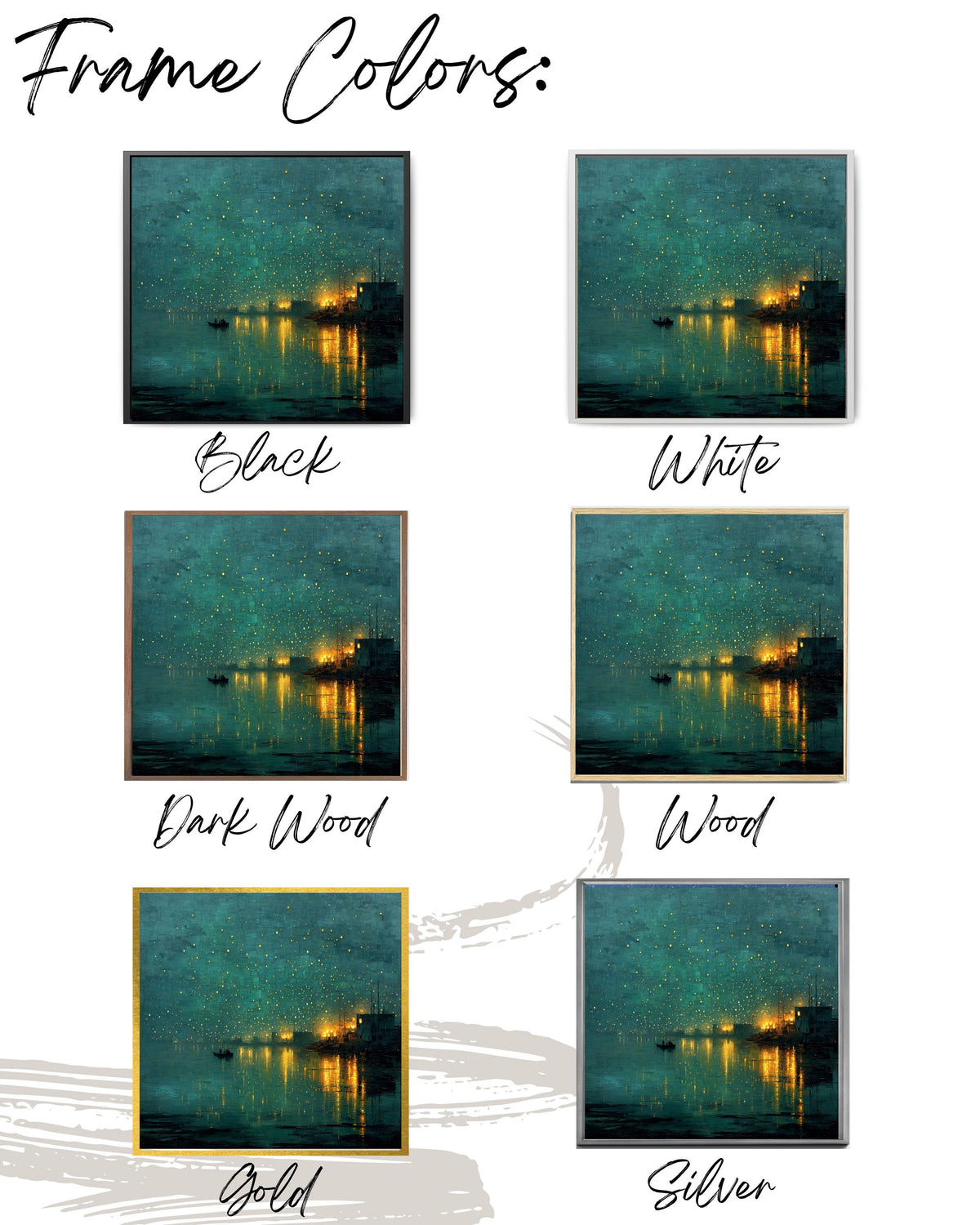 Abstract Night Waterscape Canvas, Dark Teal Green City Lights Painting, Moody Textured Harbor Art Print, Emerald Glow