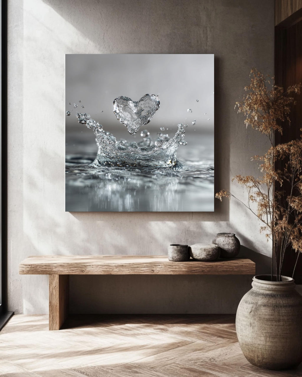 Water Heart Splash Canvas Print, Minimalist Bathroom Wall Art