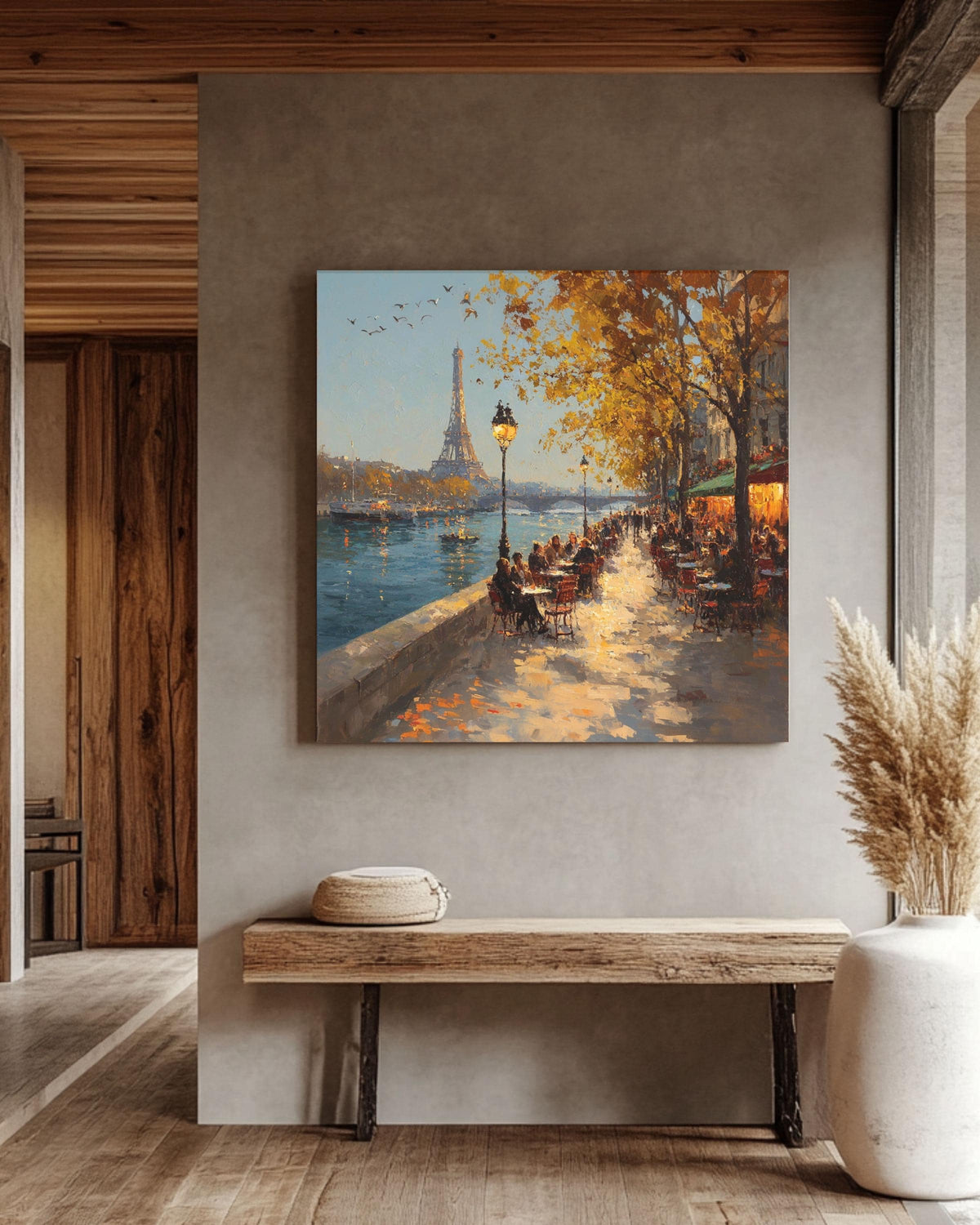 Paris Cafe Oil Painting, Autumn Seine River, Eiffel Tower Canvas Print