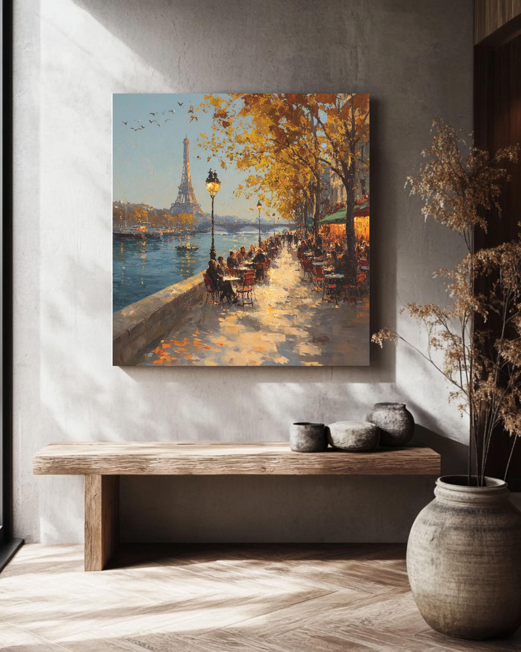 Paris Cafe Oil Painting, Autumn Seine River, Eiffel Tower Canvas Print