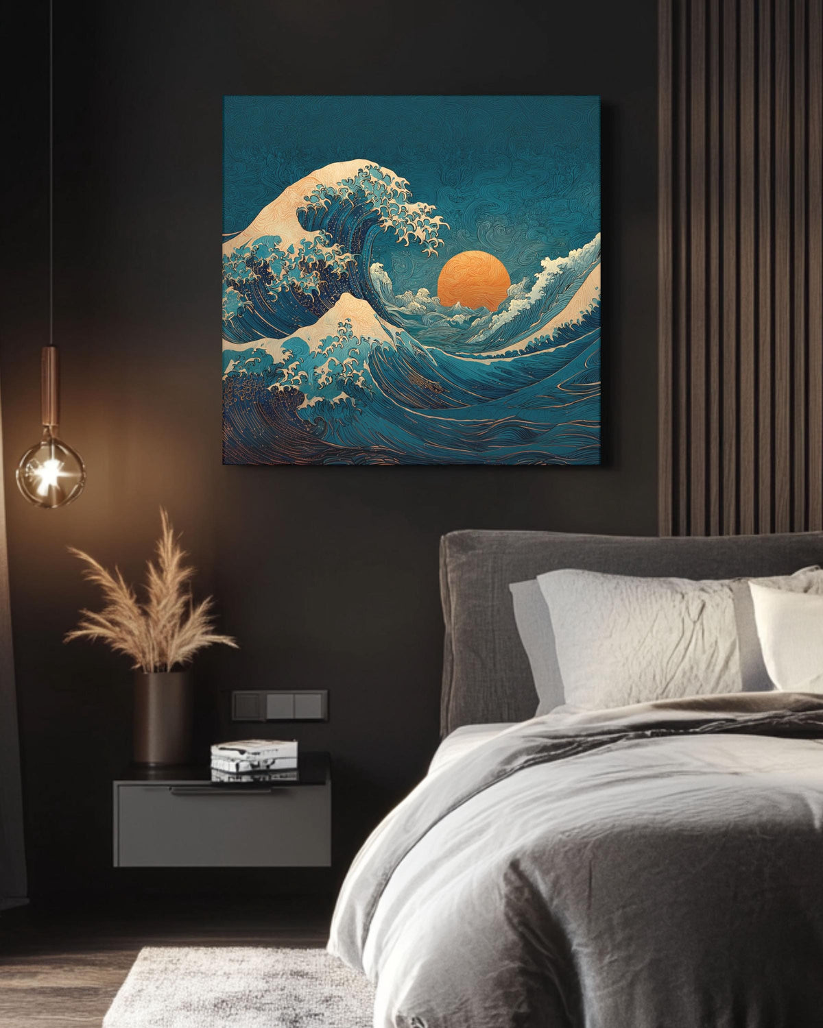 Wave Canvas Print, Art Nouveau Ocean Art, Teal and Orange