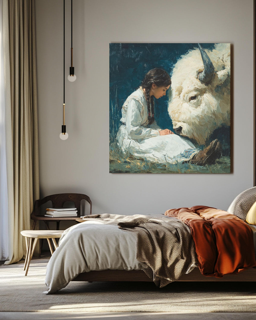 Native American Woman White Buffalo Canvas Art, Spiritual Wall Decor