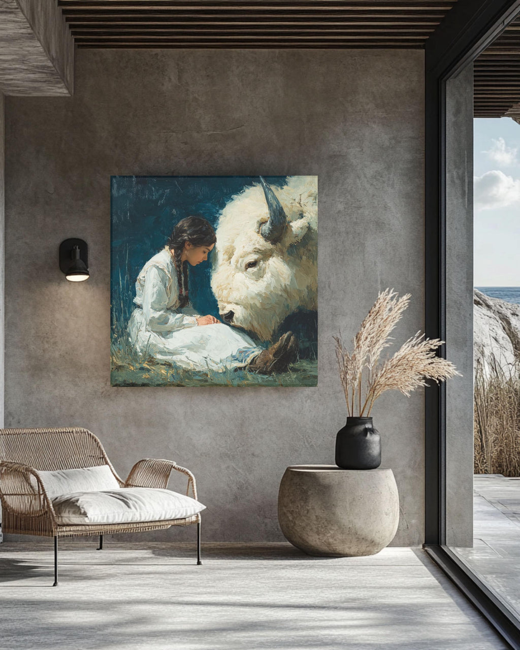 Native American Woman White Buffalo Canvas Art, Spiritual Wall Decor