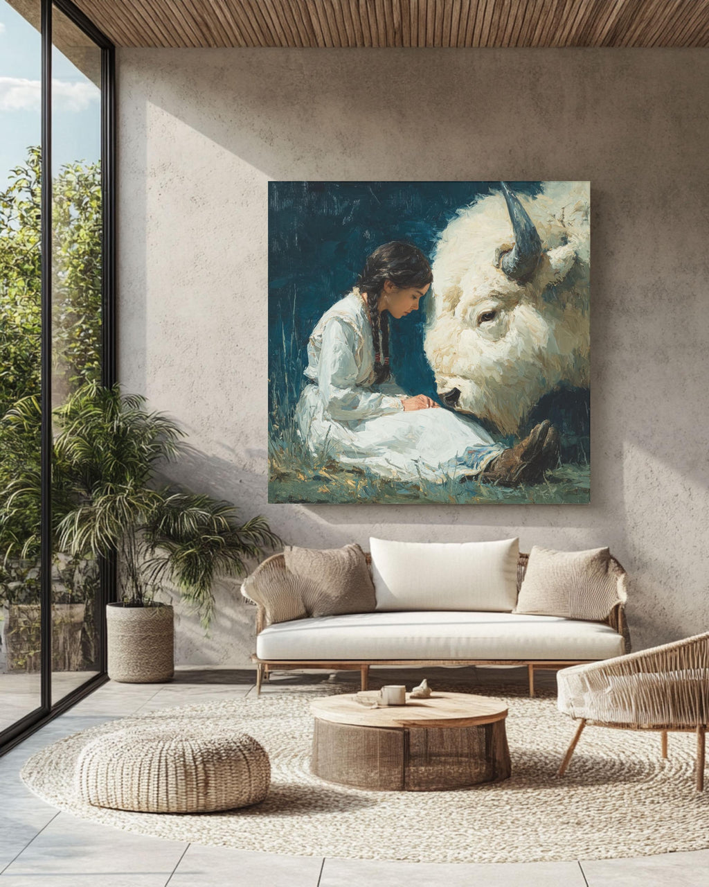 Native American Woman White Buffalo Canvas Art, Spiritual Wall Decor