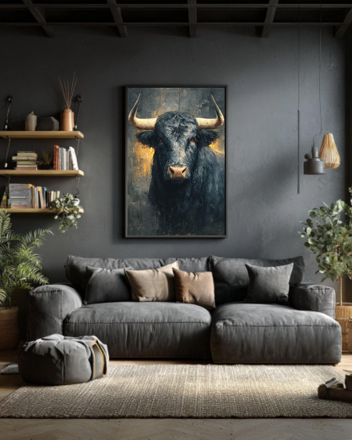 Black Bull Oil Painting Print: Rustic Farmhouse Wall Art