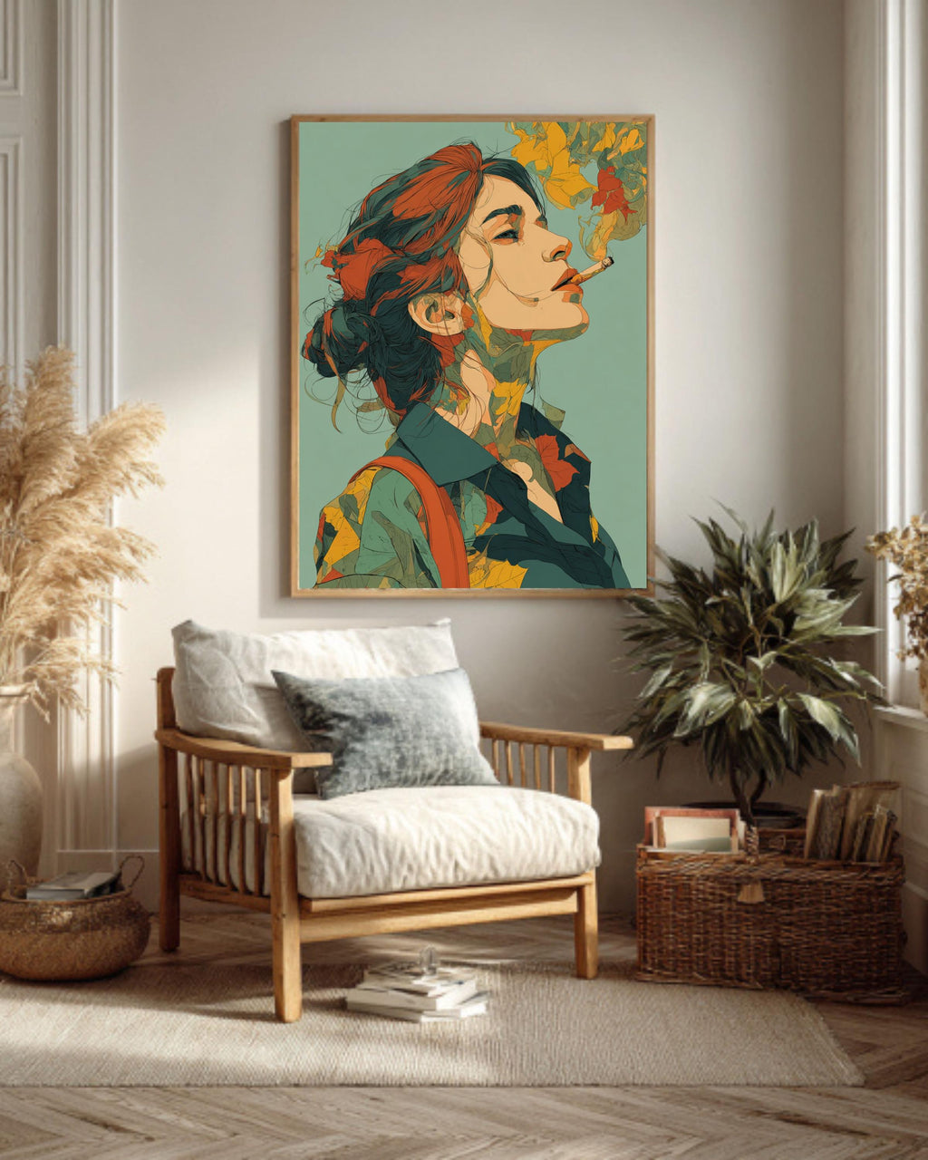 Woman Smoking Pop Art Canvas Print, Retro Autumn Decor