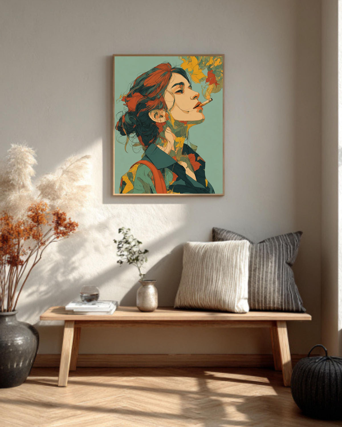Woman Smoking Pop Art Canvas Print, Retro Autumn Decor