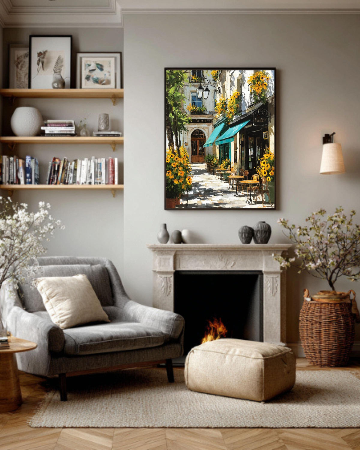 Paris Cafe Sunflower Oil Painting: Impressionist European Canvas Wall Art