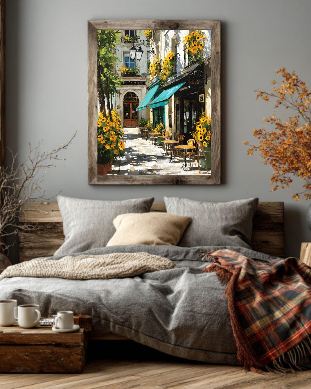 Paris Cafe Sunflower Oil Painting: Impressionist European Canvas Wall Art