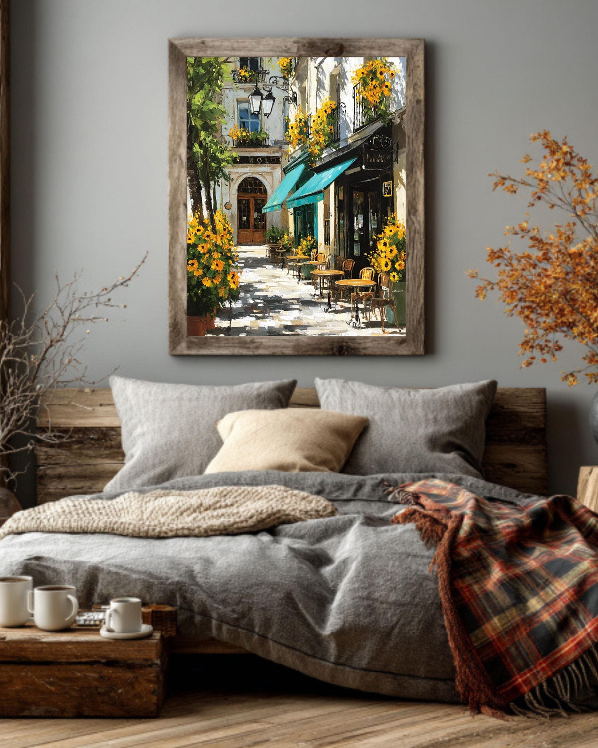 Paris Cafe Sunflower Oil Painting: Impressionist European Canvas Wall Art