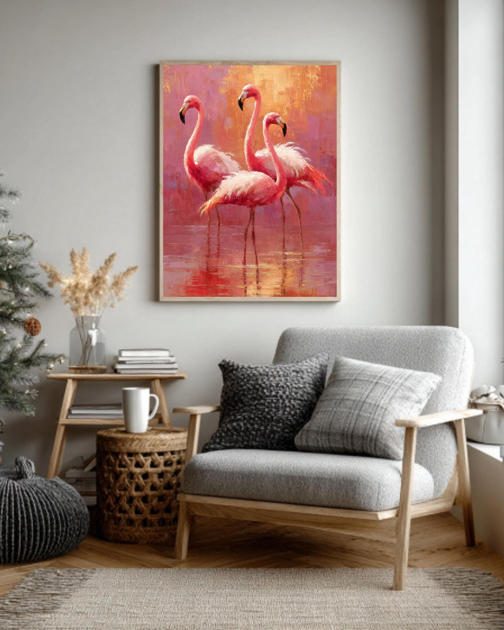 Pink Flamingo Oil Painting Print: Tropical Coastal Wall Decor