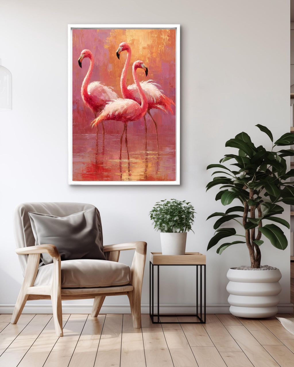 Pink Flamingo Oil Painting Print: Tropical Coastal Wall Decor