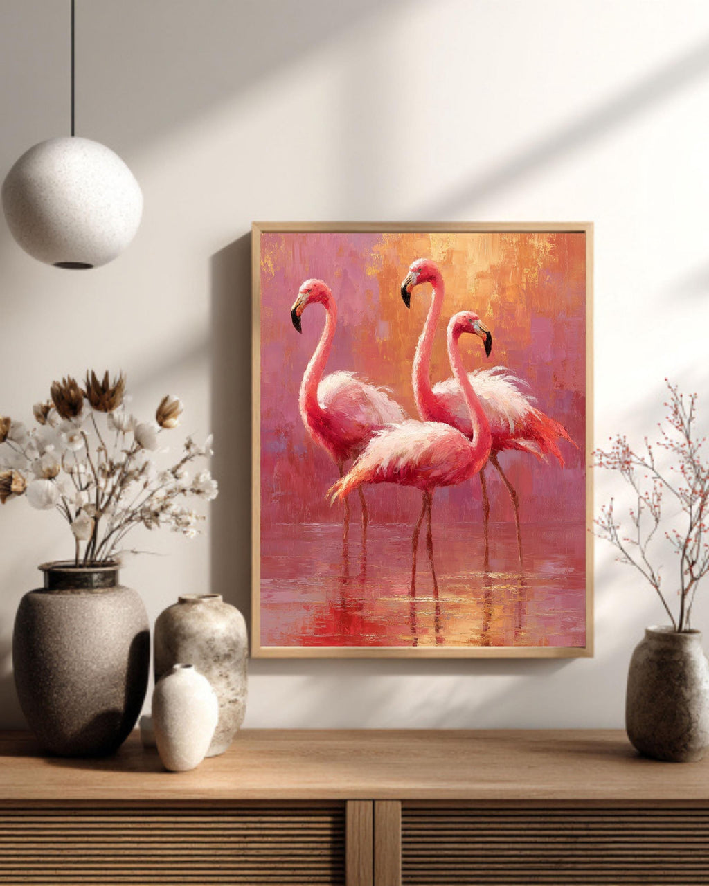 Pink Flamingo Oil Painting Print: Tropical Coastal Wall Decor