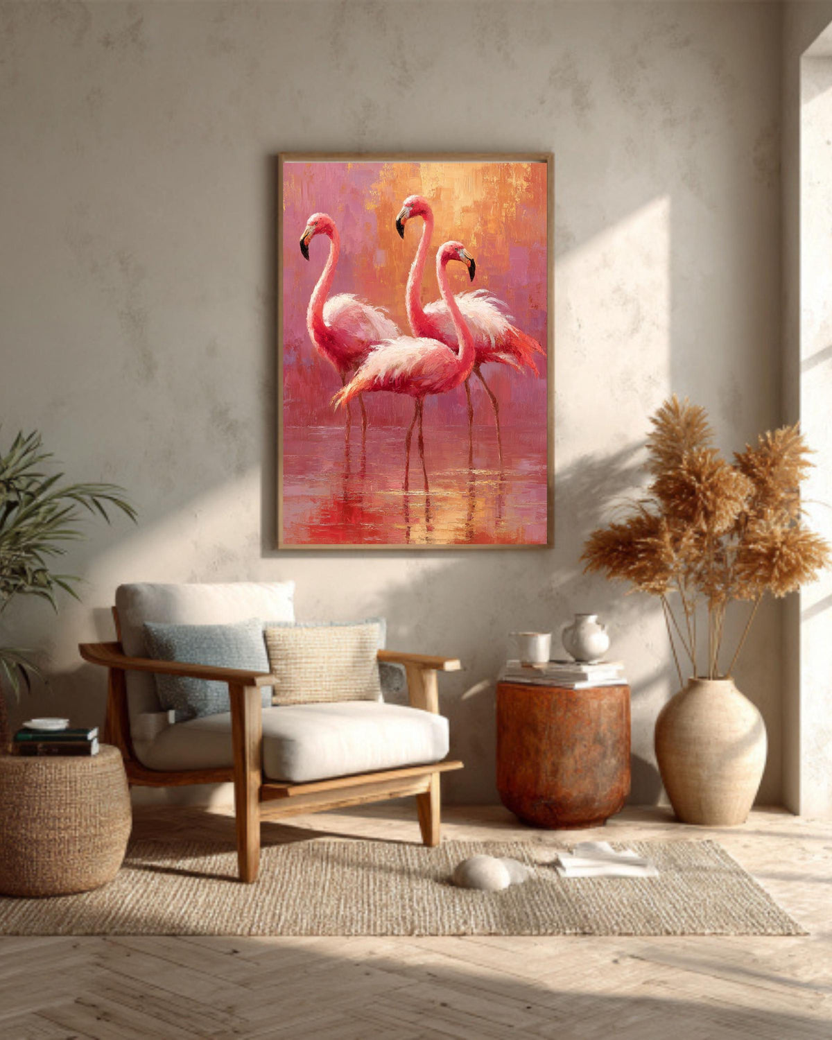 Pink Flamingo Oil Painting Print: Tropical Coastal Wall Decor