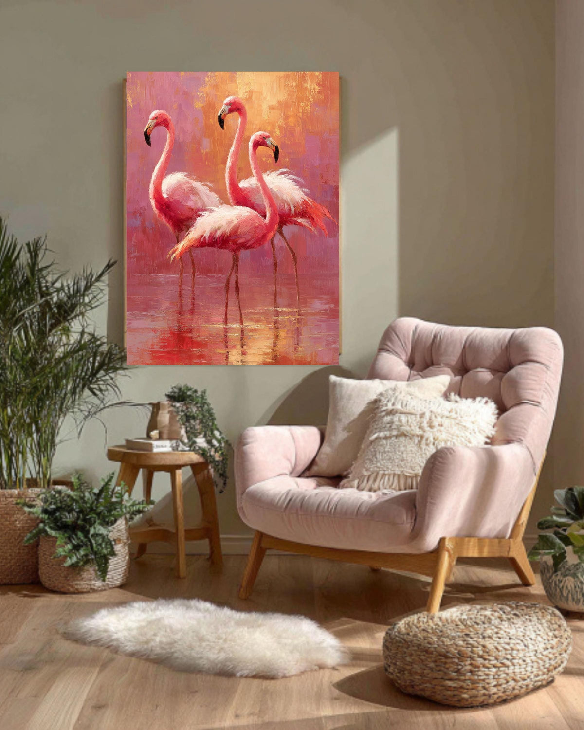 Pink Flamingo Oil Painting Print: Tropical Coastal Wall Decor