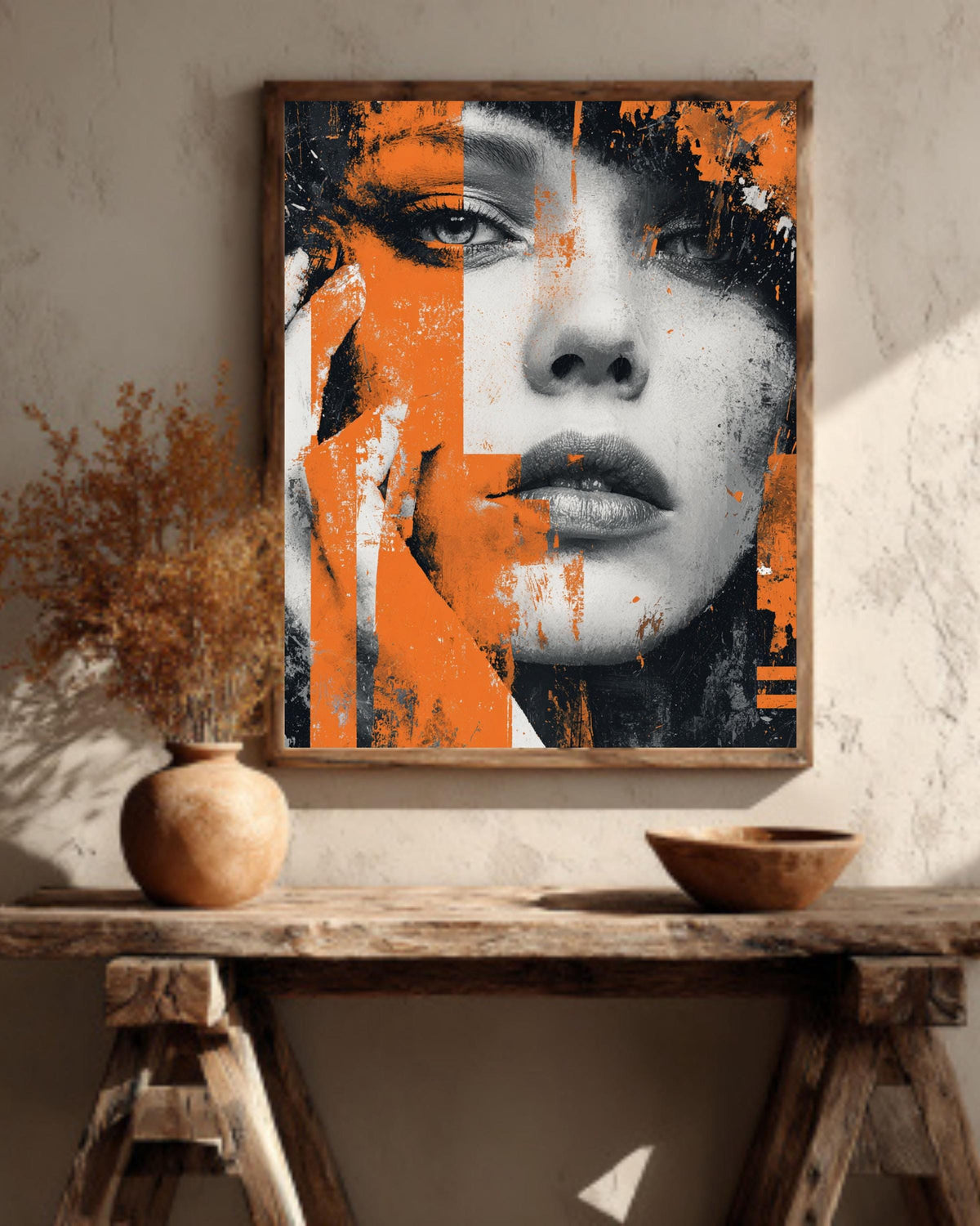 Abstract Female Portrait Print: Orange & Black Grunge Street Art