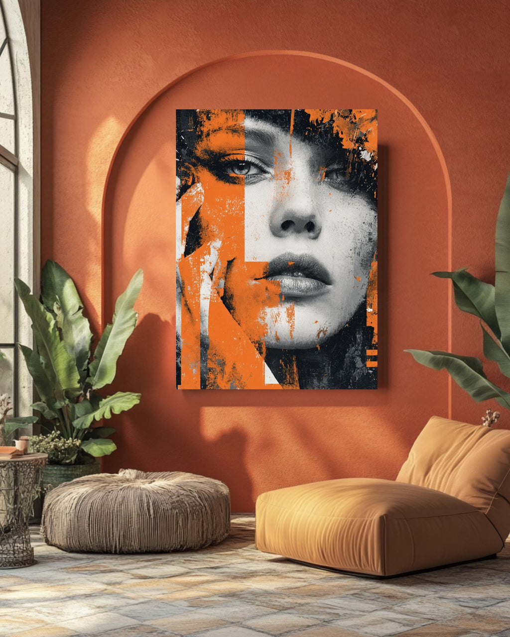 Abstract Female Portrait Print: Orange & Black Grunge Street Art