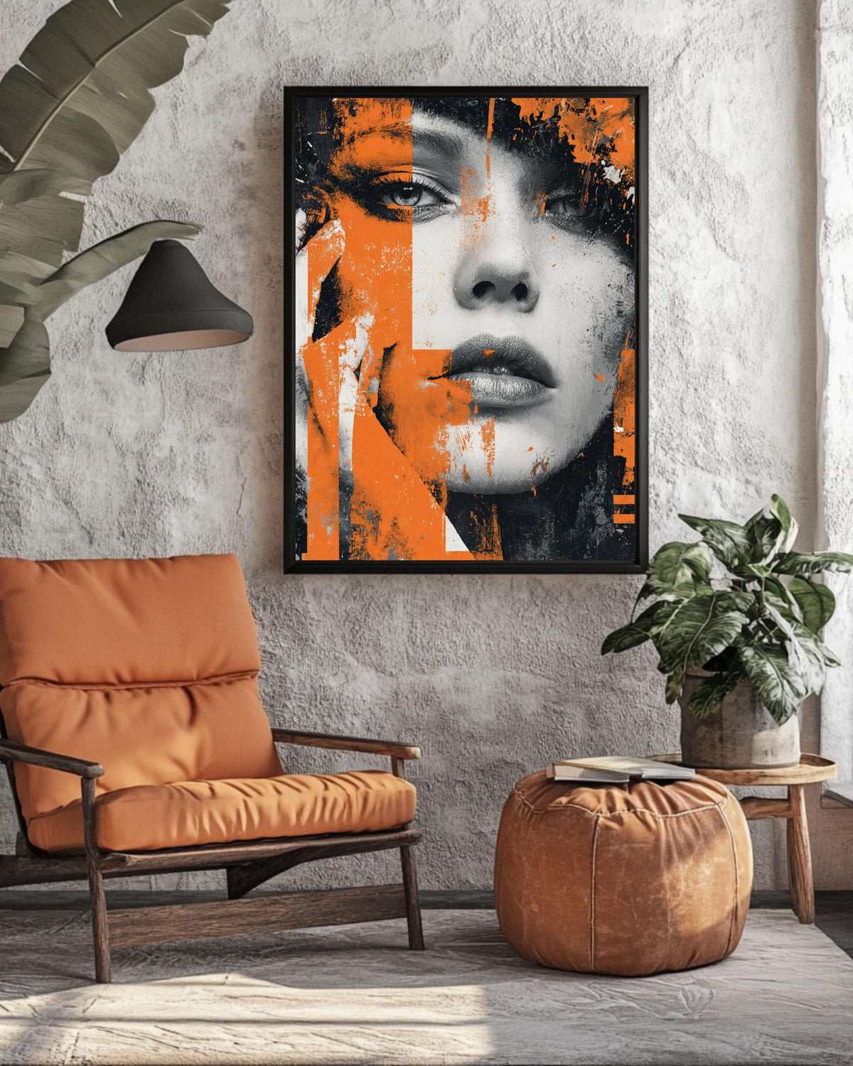 Abstract Female Portrait Print: Orange & Black Grunge Street Art