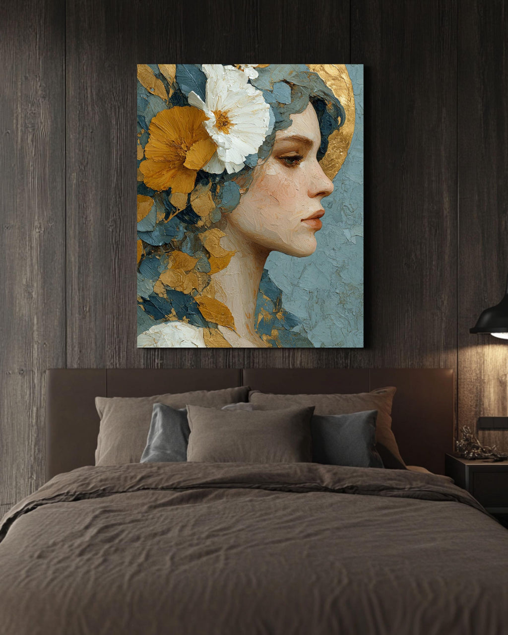 Floral Goddess Canvas Art: Gold Leaf, Neo-Classical Woman Portrait