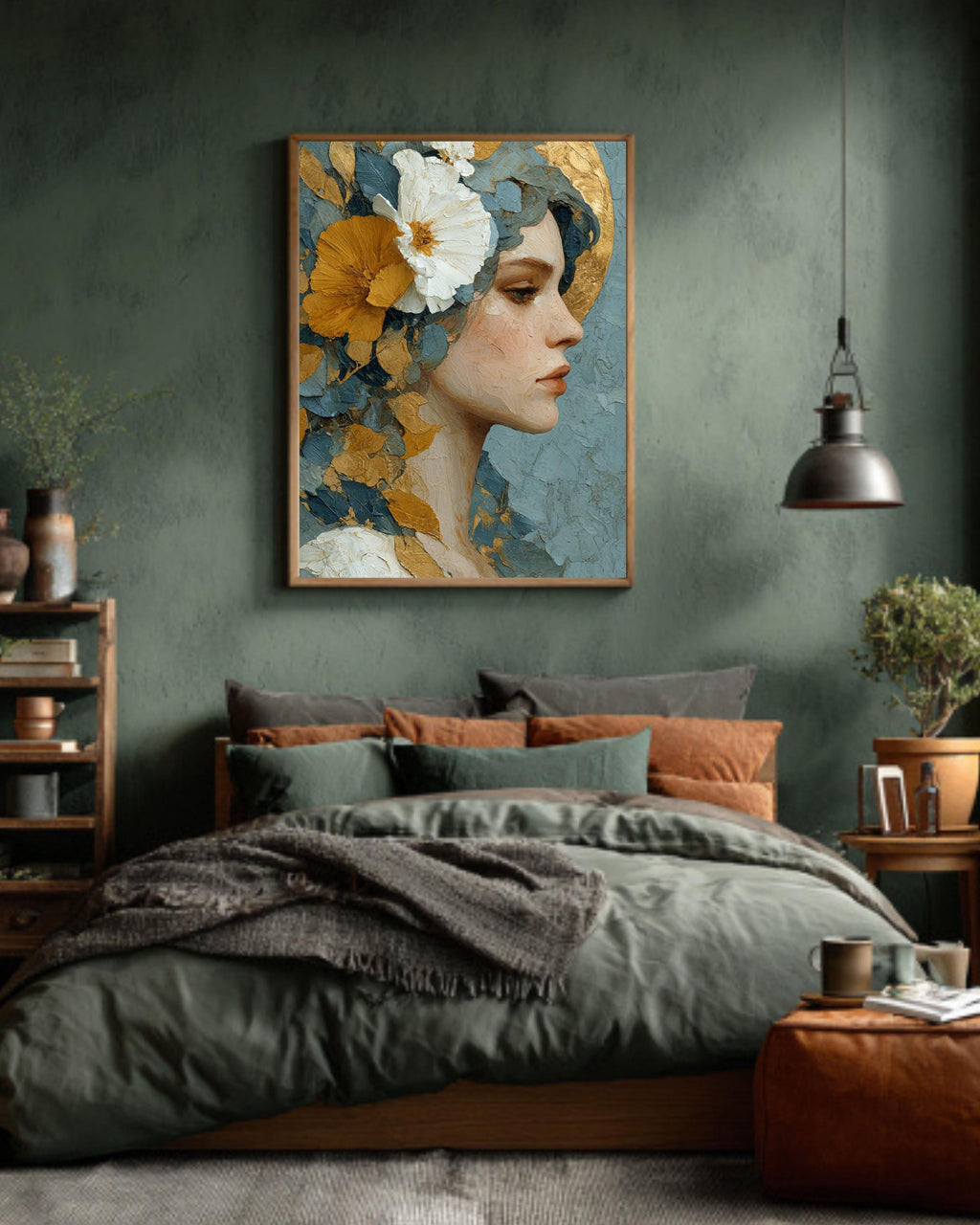 Floral Goddess Canvas Art: Gold Leaf, Neo-Classical Woman Portrait