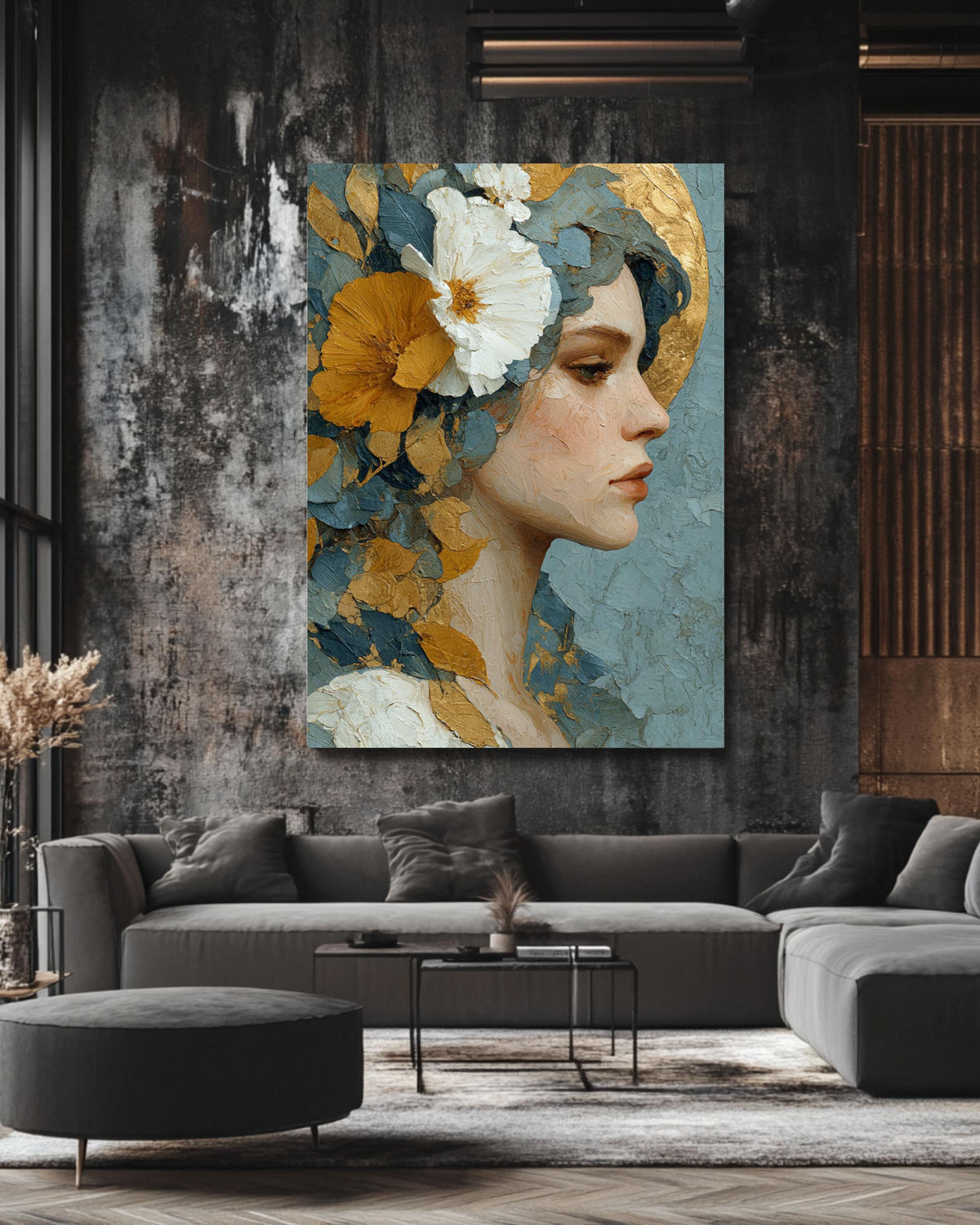 Floral Goddess Canvas Art: Gold Leaf, Neo-Classical Woman Portrait