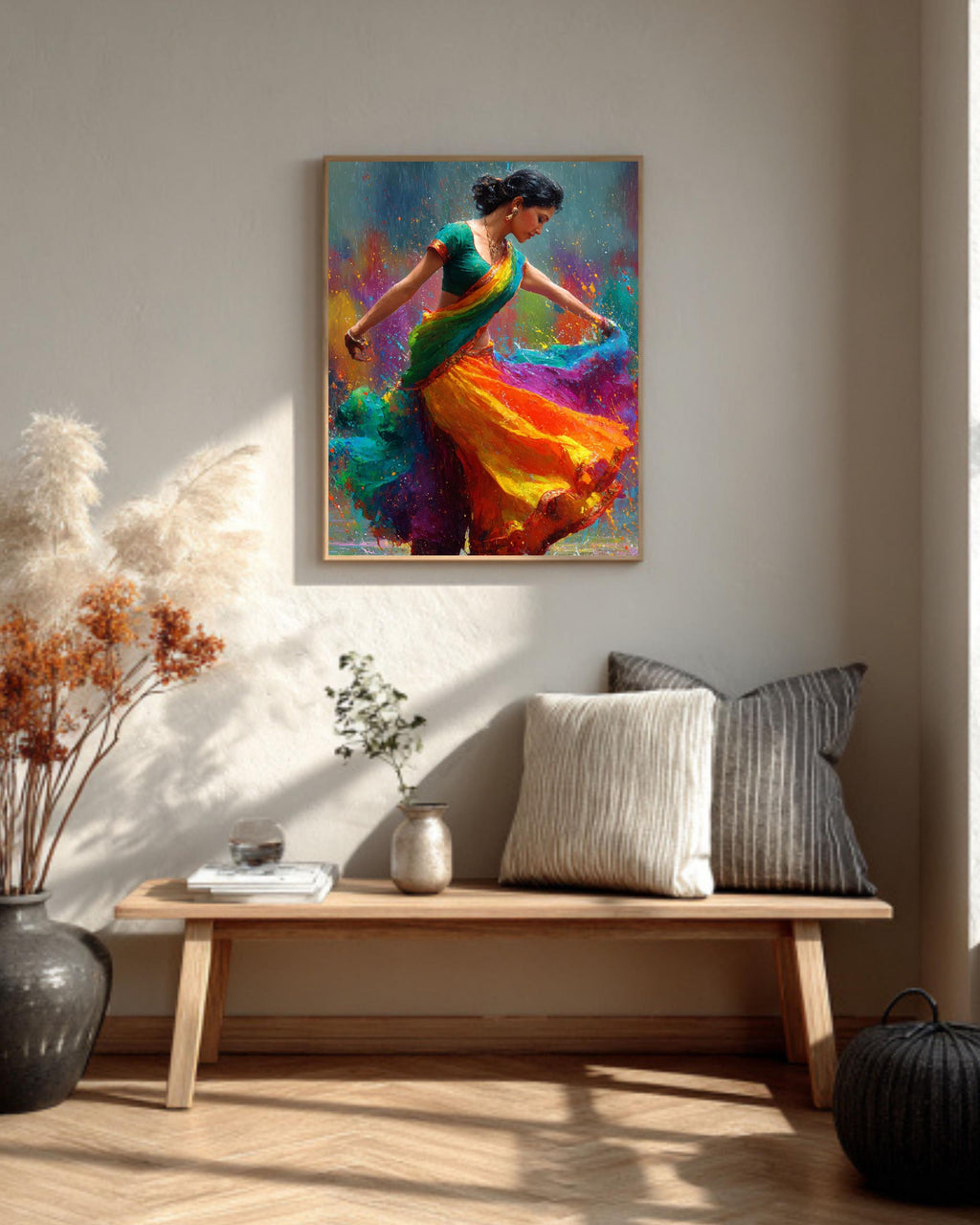 Bollywood Dancer Canvas Print: Vibrant Holi Colors, Indian Art