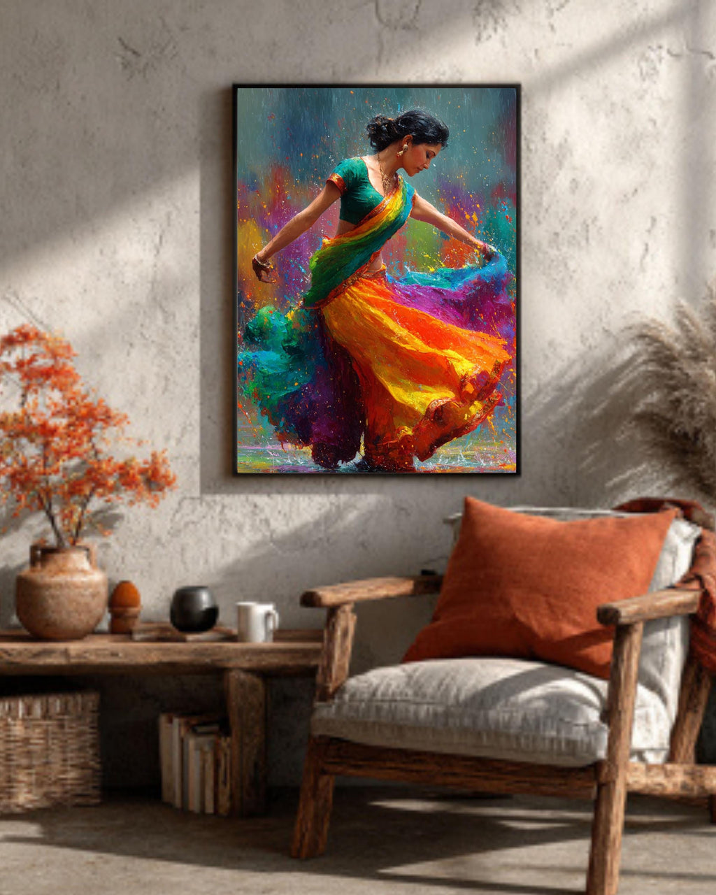Bollywood Dancer Canvas Print: Vibrant Holi Colors, Indian Art