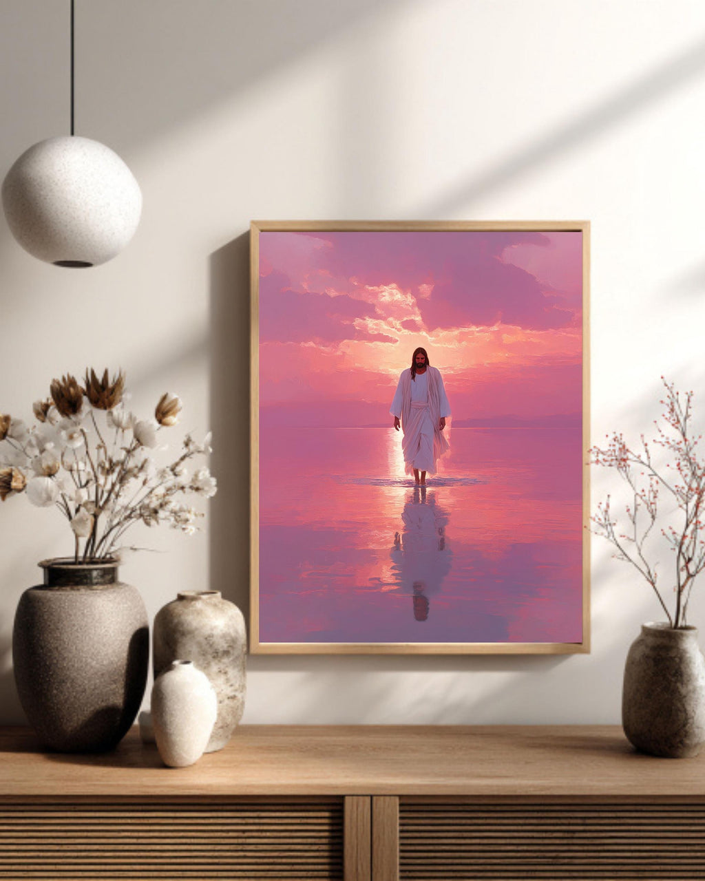 Jesus Walking on Water Canvas: Pink Sunset Christian Art Print