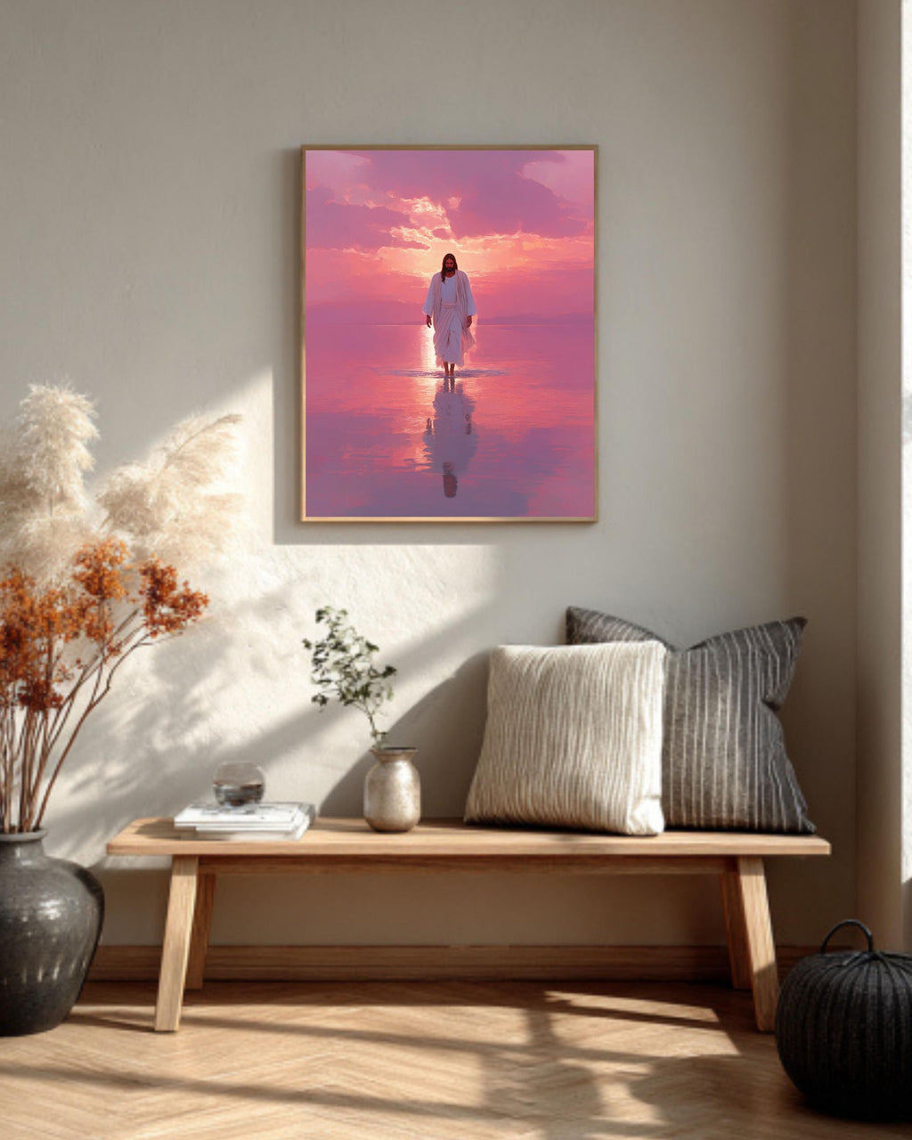 Jesus Walking on Water Canvas: Pink Sunset Christian Art Print