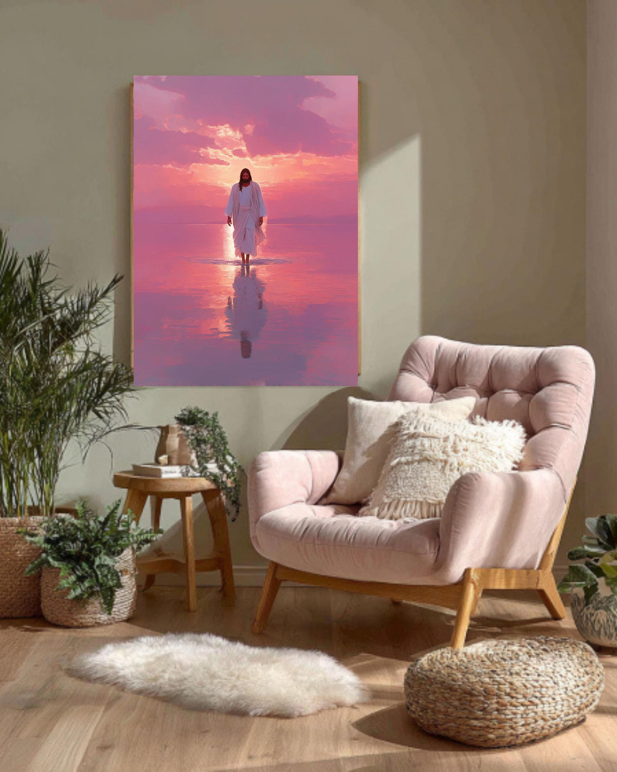 Jesus Walking on Water Canvas: Pink Sunset Christian Art Print