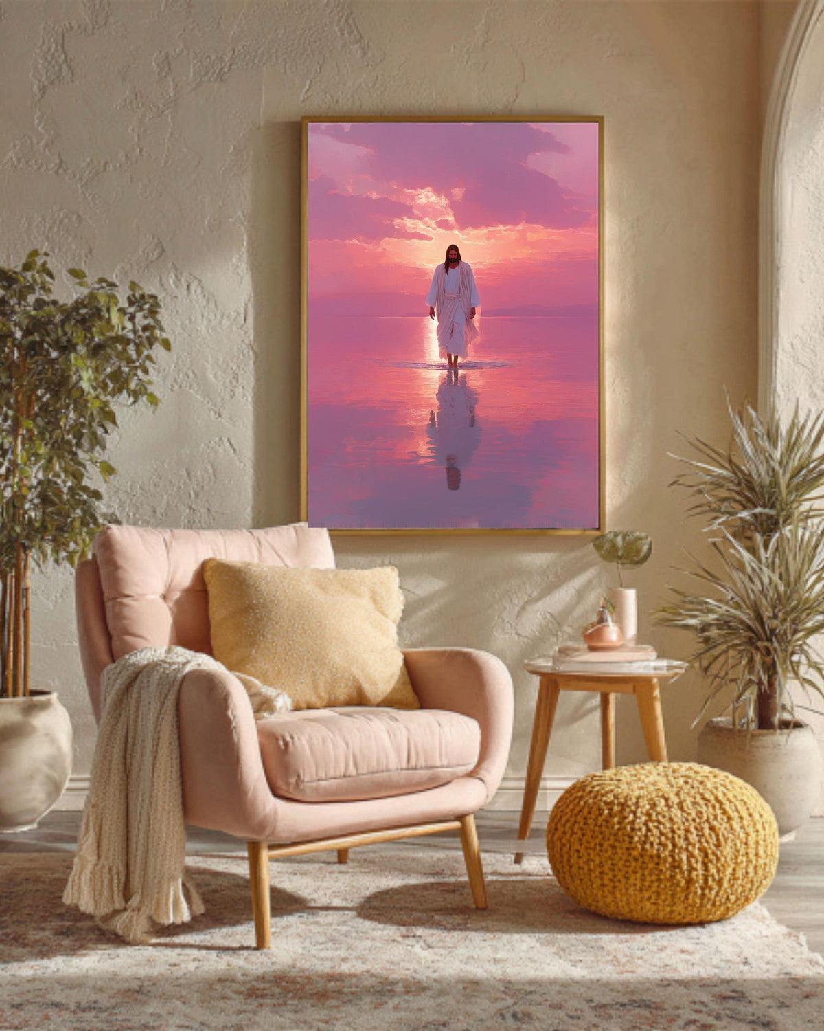 Jesus Walking on Water Canvas: Pink Sunset Christian Art Print