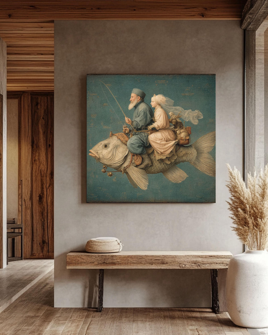 Vintage Fish Rider Canvas Print: Retro Surrealist Wall Art