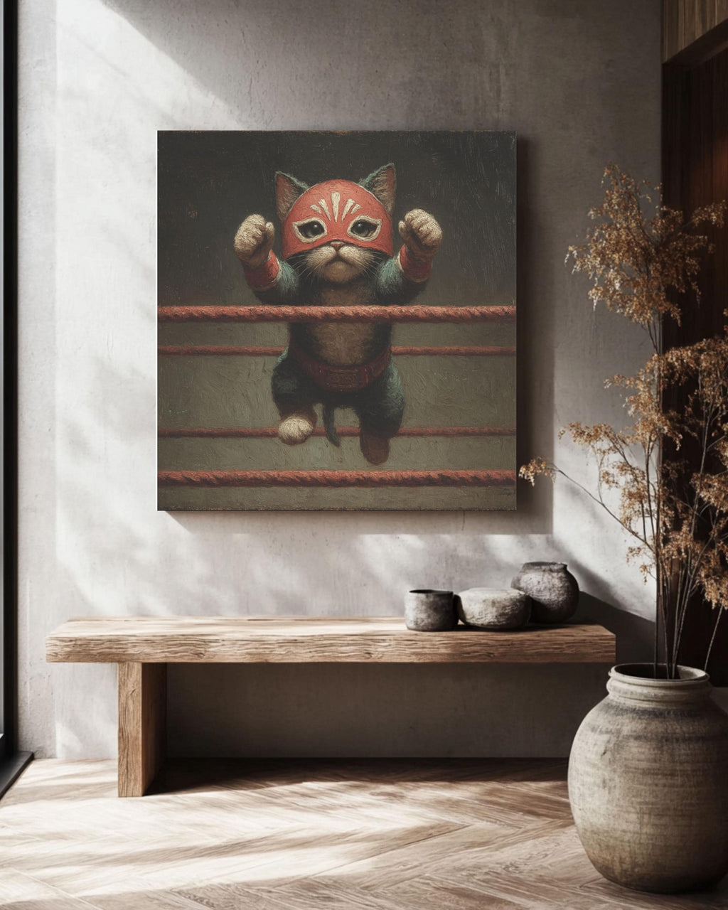 Lucha Libre Cat Canvas Art: Funny Vintage-Style Wrestling Portrait
