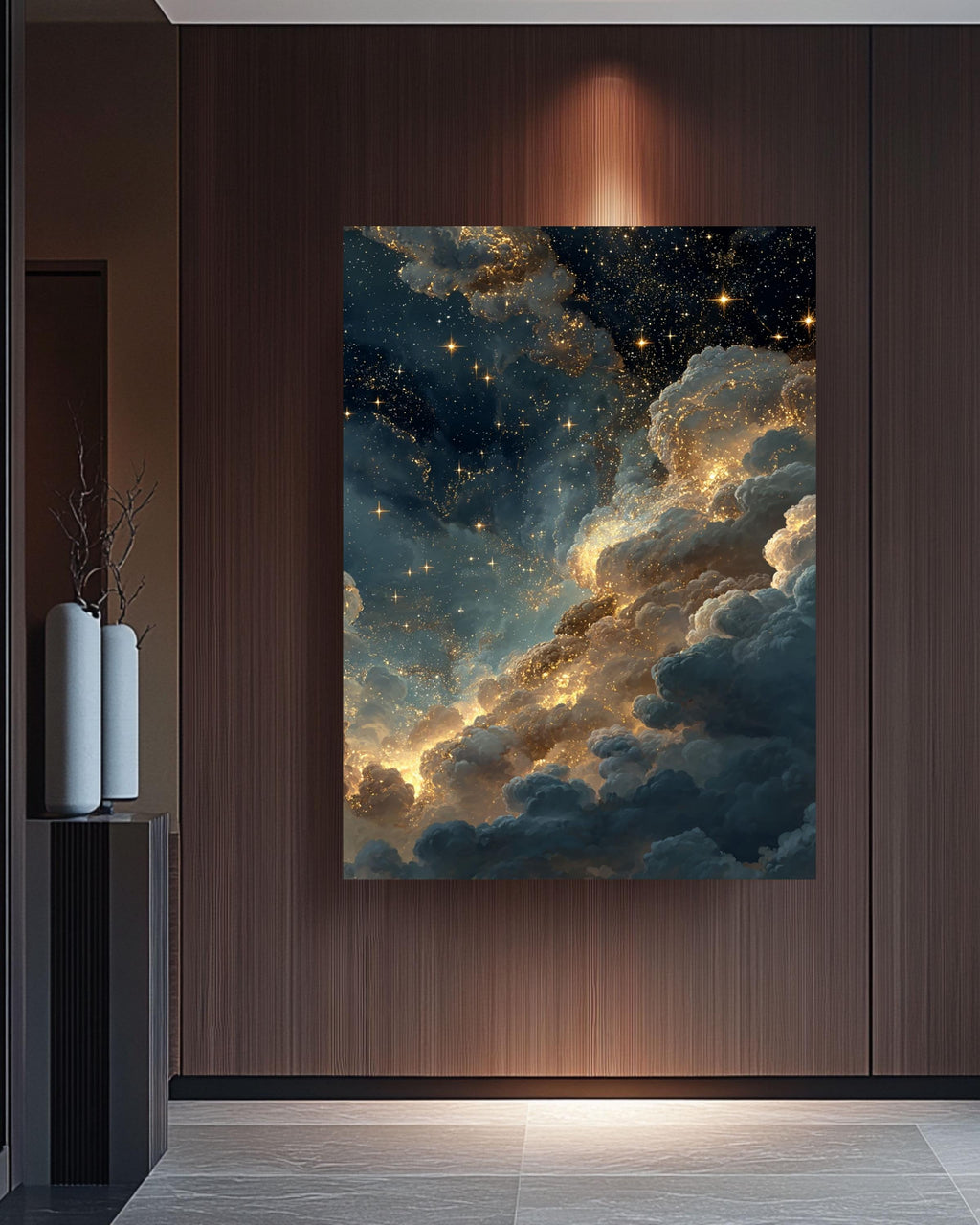 Starry Night Sky Canvas Art: Golden Cloudscape Galaxy Print