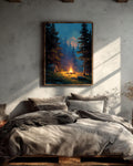 Campfire Canvas Print: Cozy Forest, Cabin Wall Art