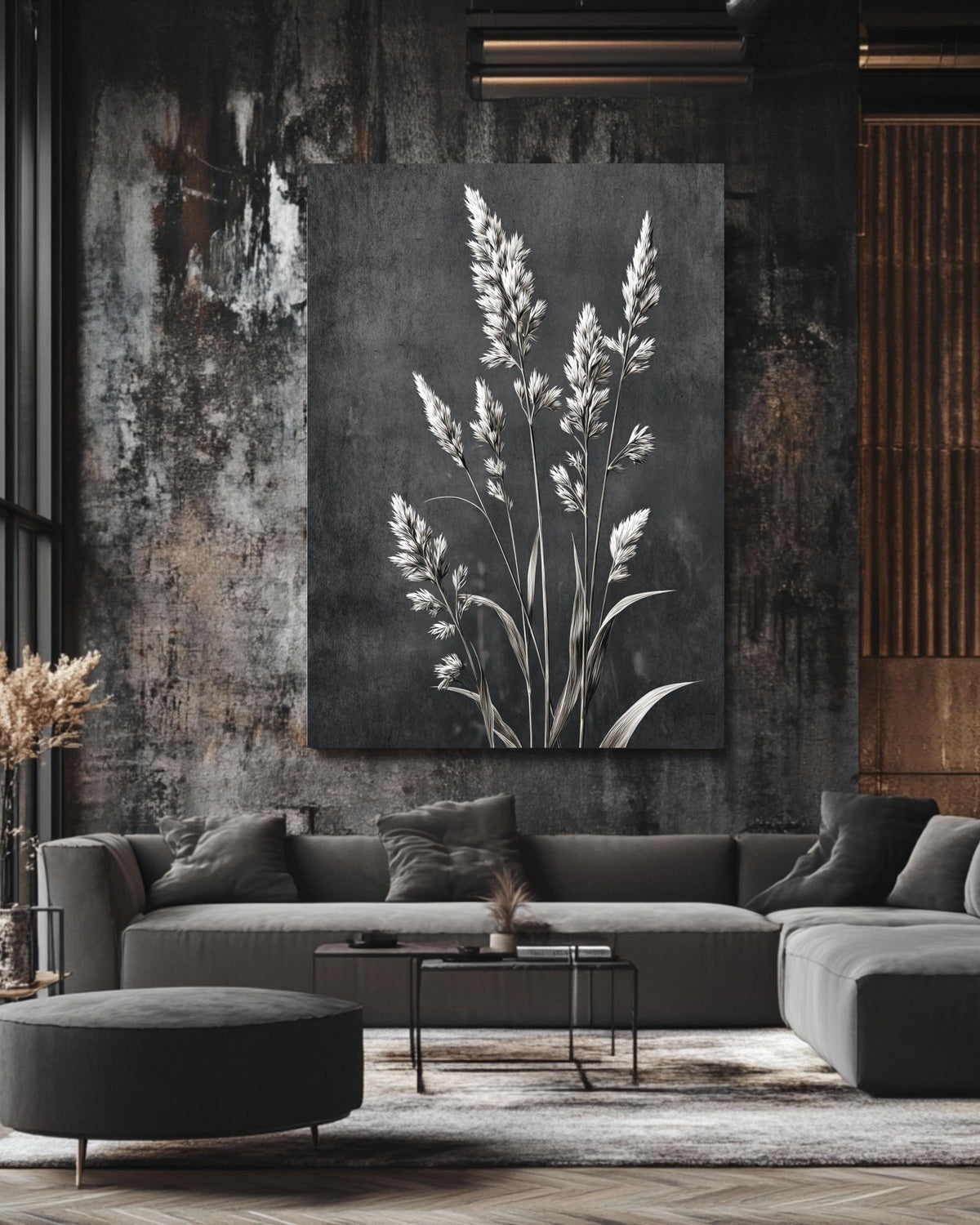 Black and White Tall Grass Canvas Print: Minimalist Floral Wall Art