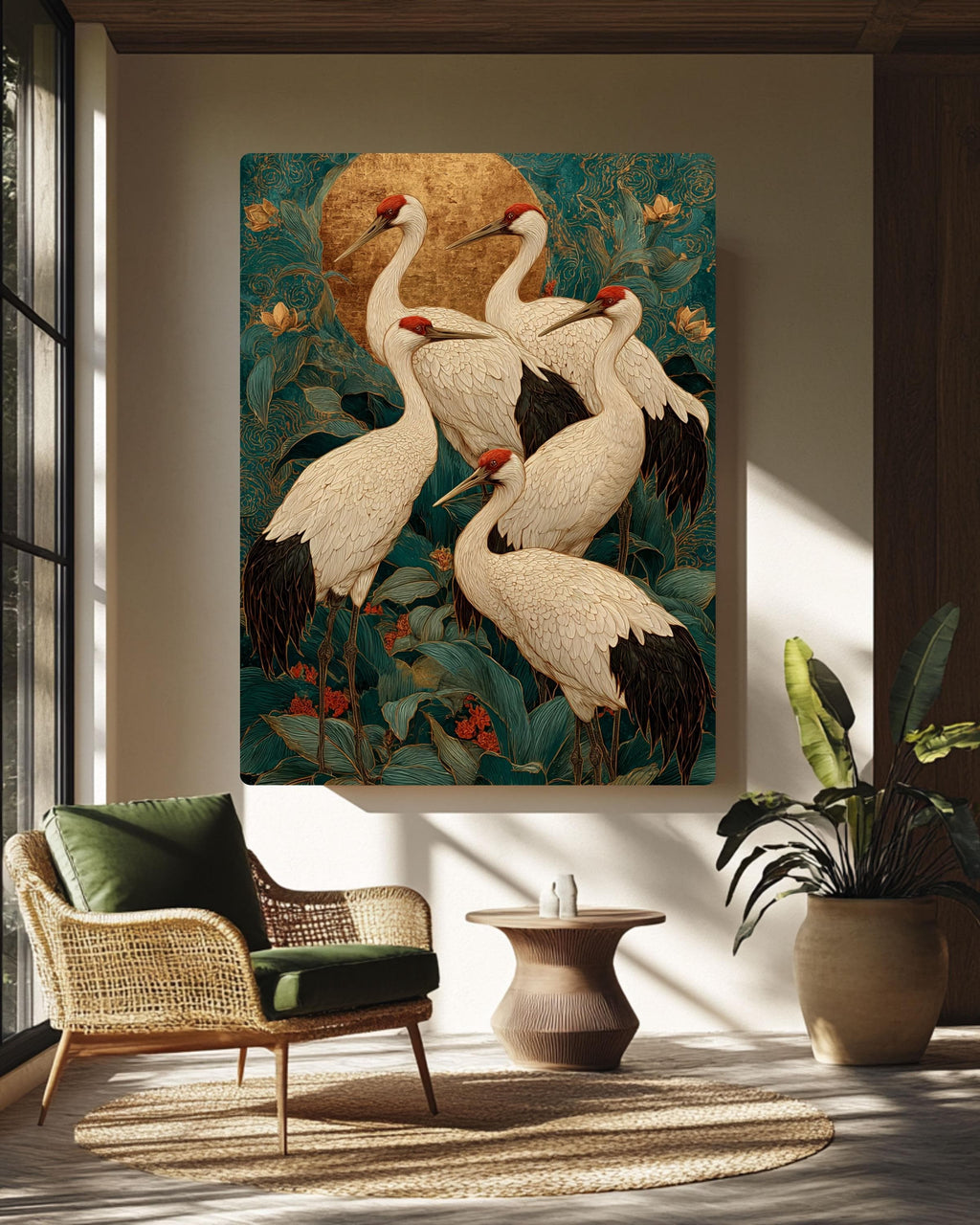 Japanese Crane Canvas Art: Teal Gold Ukiyo-e Print