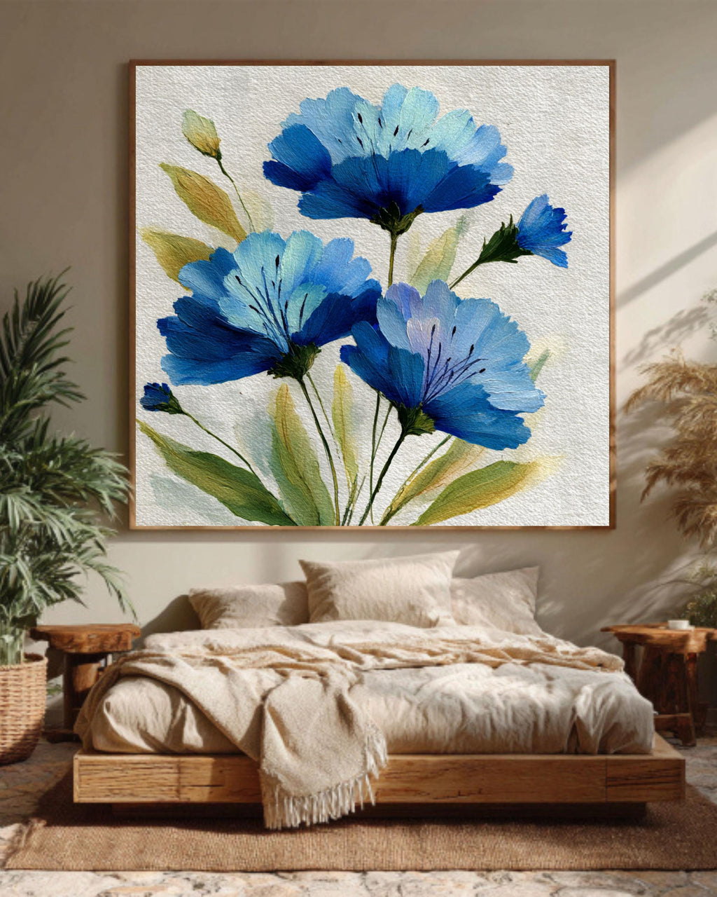 Blue Floral Canvas Print: Impressionistic Wildflower Botanical Wall Art