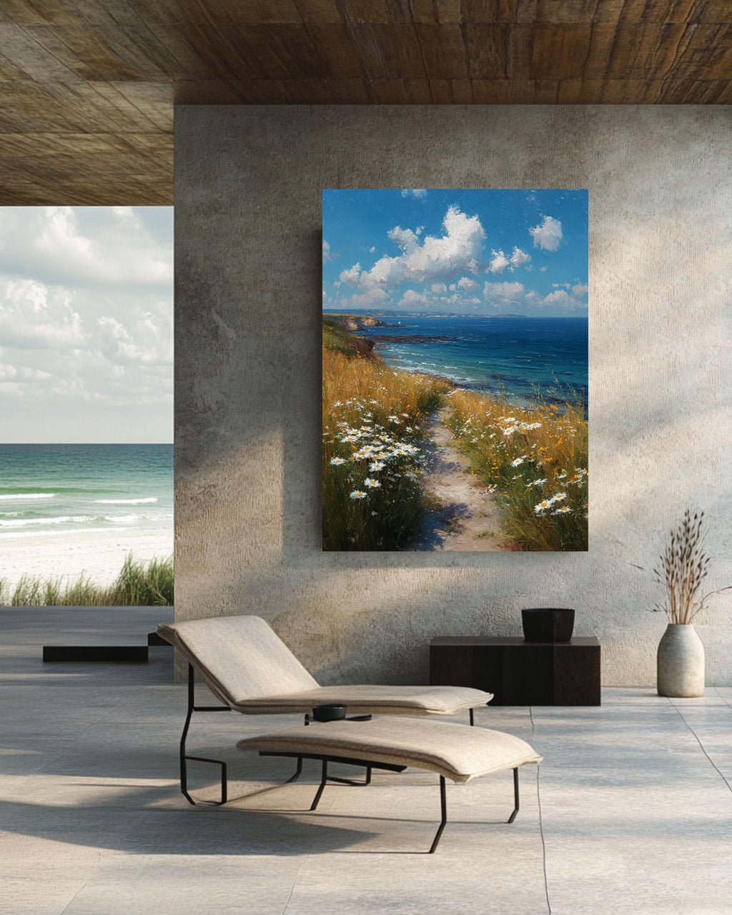Coastal Path Canvas Art Print: Serene Ocean & Daisy Landscape