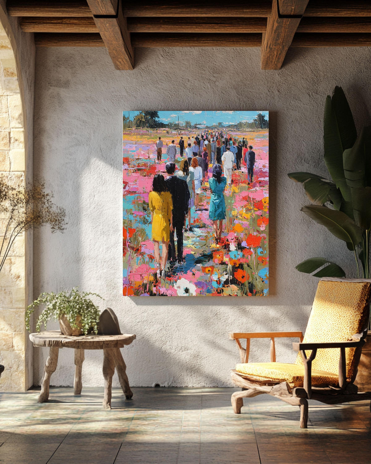 Impressionist People Art Print: Textured Floral Landscape, Vibrant Crowd