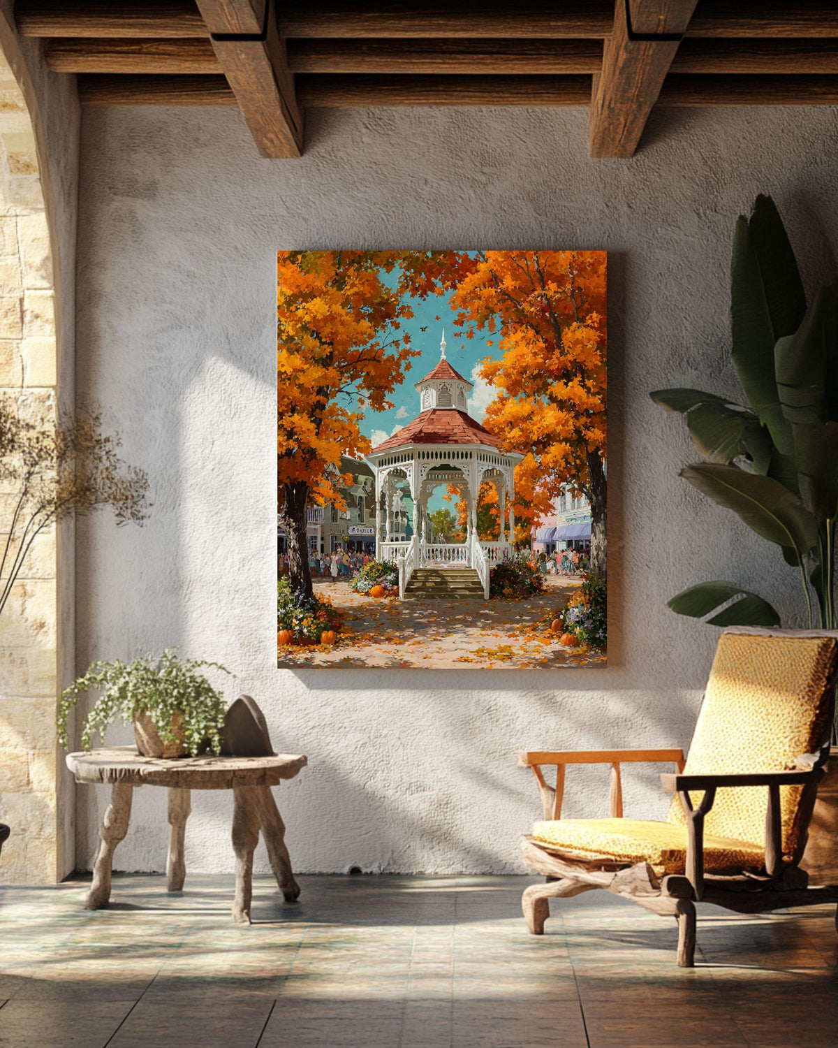 Autumn Gazebo Canvas Art: Rustic Fall Landscape Print