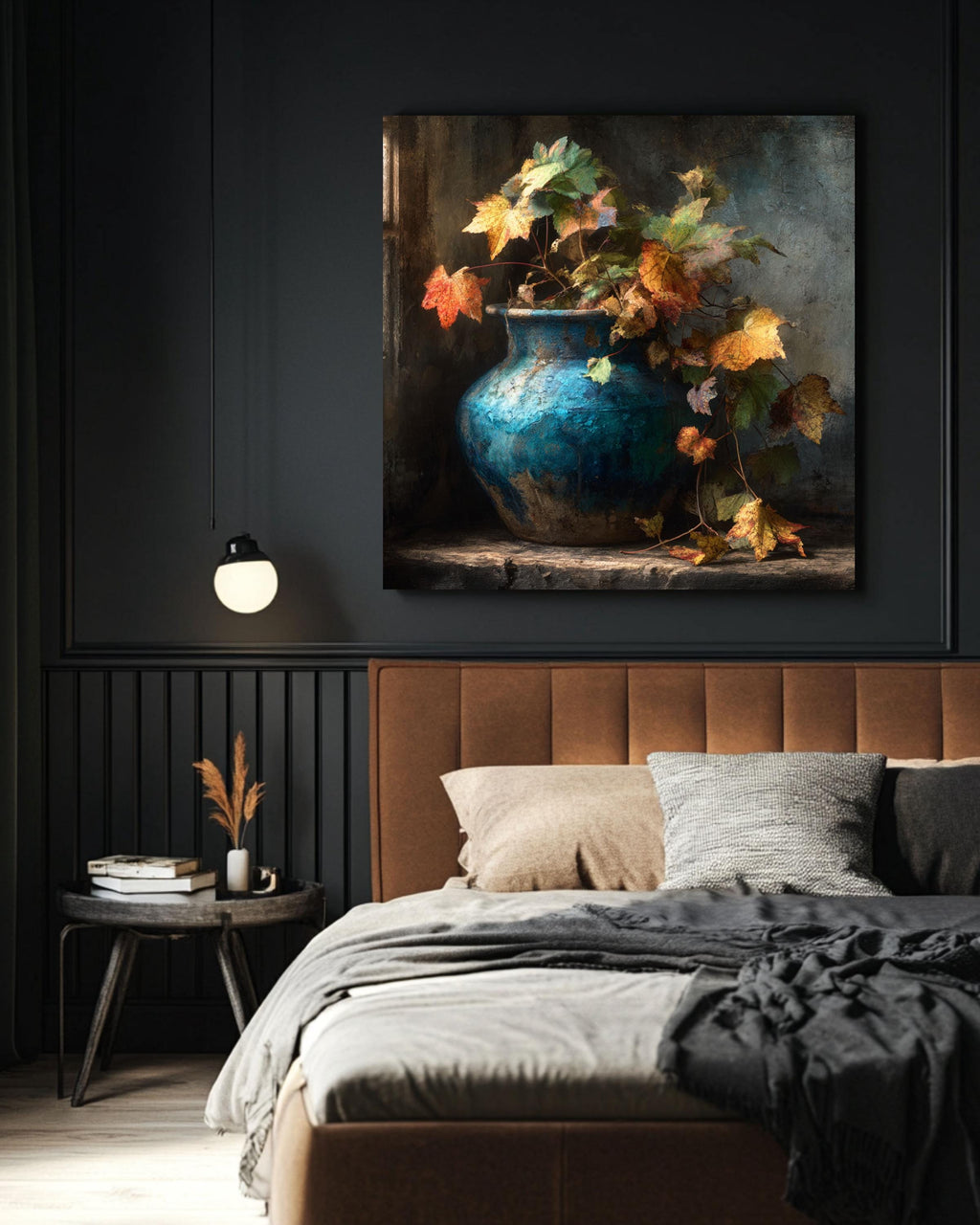 Autumn Leaves Vase Canvas: Moody Farmhouse Wall Art