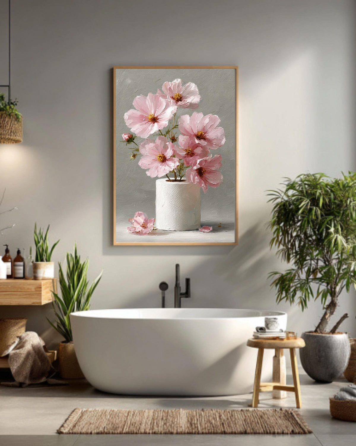 Pink Cosmos Flower Art Print: Whimsical Still Life Painting