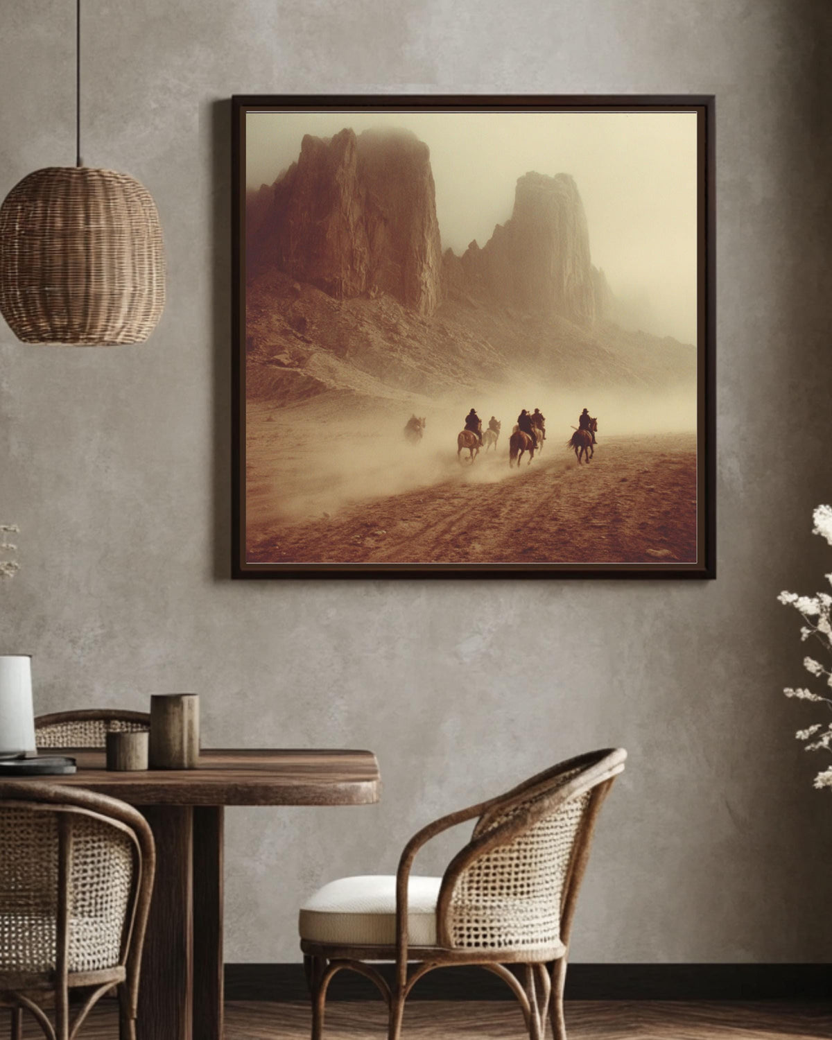 Vintage Western Desert Landscape Canvas, Horse Riders in Dust, Retro Movie Poster Style, Southwest Wall Art Print